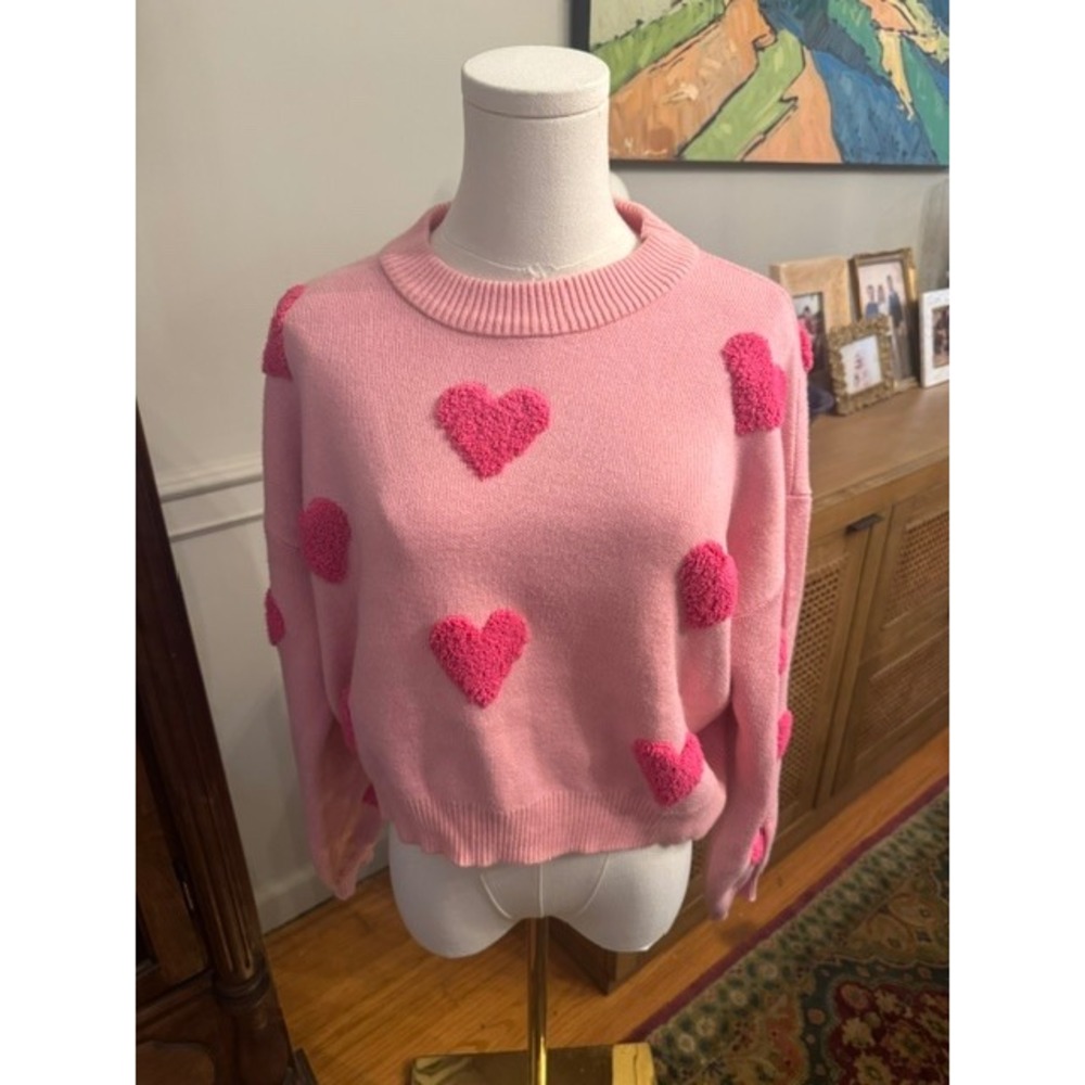 Simply Southern Pink Chenille Heart Knit Sweater Crew Neck Valentine Large